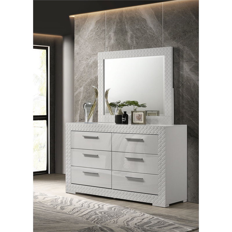 Pemberly Row 6-drawer Dresser and Mirror Set in White High Gloss