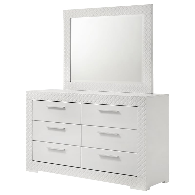 Pemberly Row 6-drawer Dresser and Mirror Set in White High Gloss