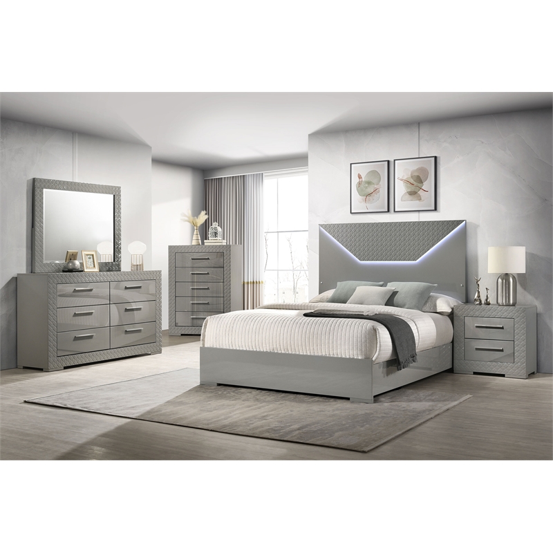 Pemberly Row Solid Hardwood 6-drawer Dresser Cabinet in Grey High Gloss