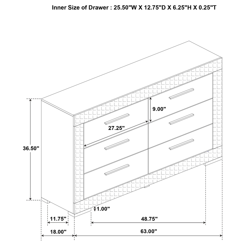 Pemberly Row Solid Hardwood 6-drawer Dresser Cabinet in Grey High Gloss