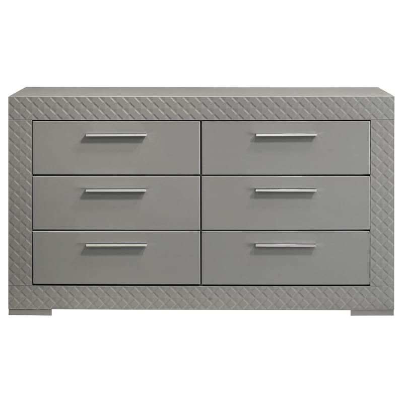 Pemberly Row Solid Hardwood 6-drawer Dresser Cabinet in Grey High Gloss