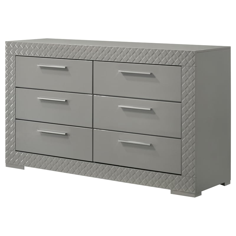 Pemberly Row Solid Hardwood 6-drawer Dresser Cabinet in Grey High Gloss