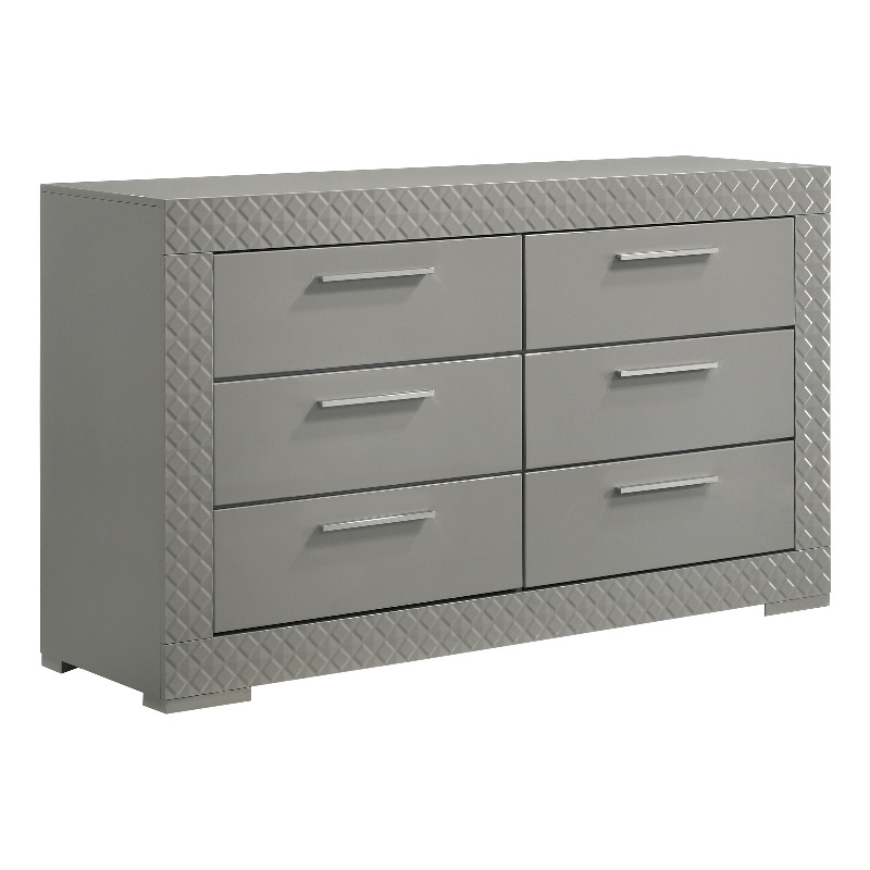 Pemberly Row Solid Hardwood 6-drawer Dresser Cabinet in Grey High Gloss