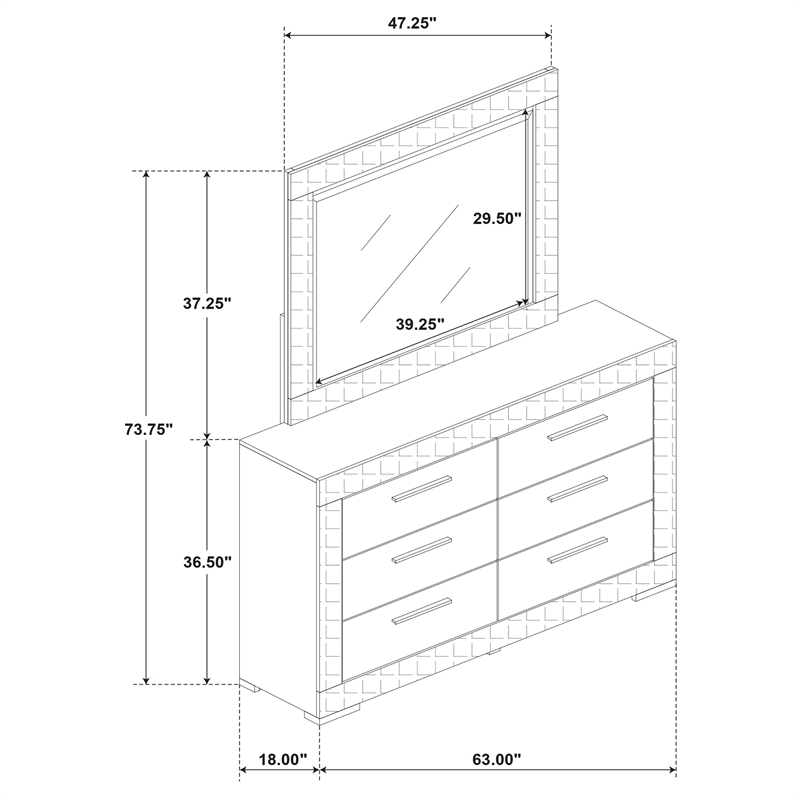 Pemberly Row 6-drawer Dresser and Mirror Set in Grey High Gloss