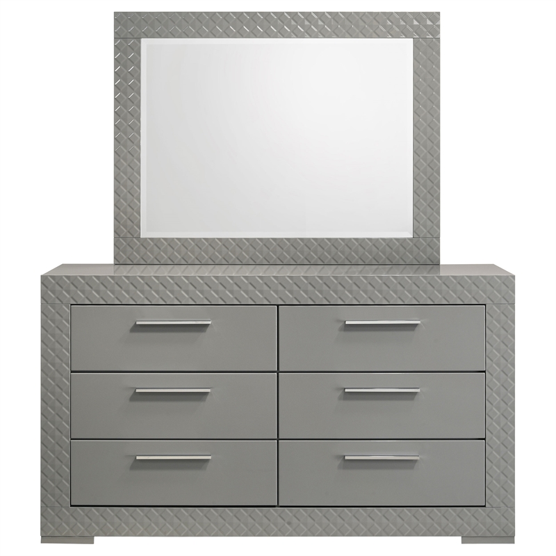 Pemberly Row 6-drawer Dresser and Mirror Set in Grey High Gloss
