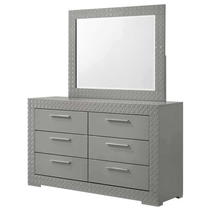 Pemberly Row 6-drawer Dresser and Mirror Set in Grey High Gloss