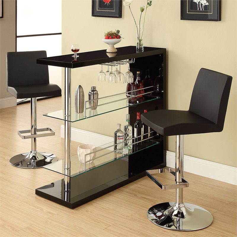 Pemberly Row Rectangular Home Wine Bar Table in Black High Gloss