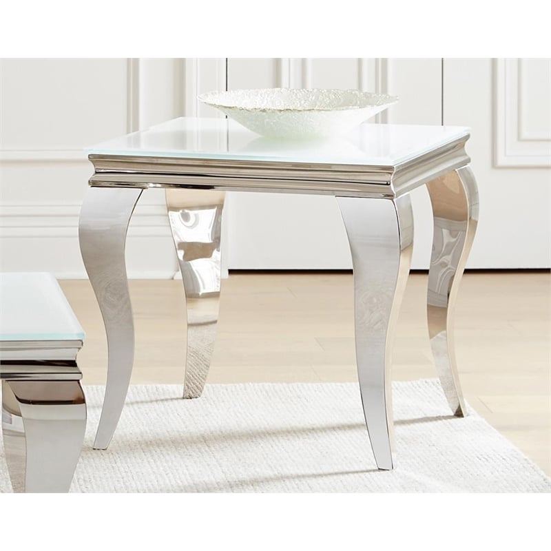 Pemberly Row Square Glass Top End Side Table in White and Chrome