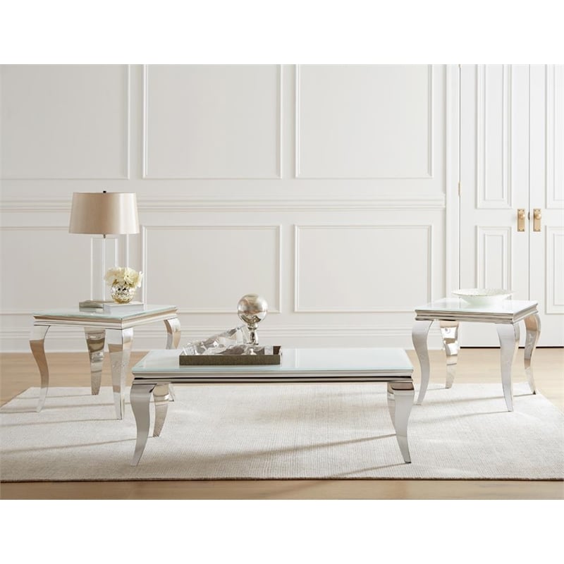 Pemberly Row Square Glass Top End Side Table in White and Chrome