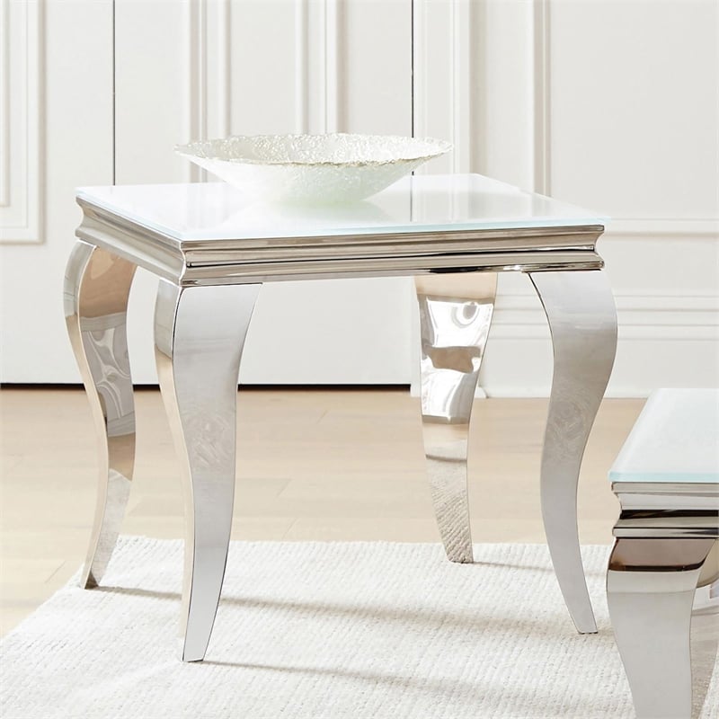 Pemberly Row Square Glass Top End Side Table in White and Chrome
