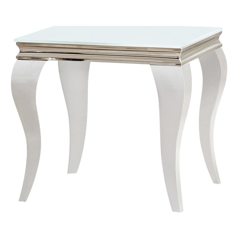 Pemberly Row Square Glass Top End Side Table in White and Chrome