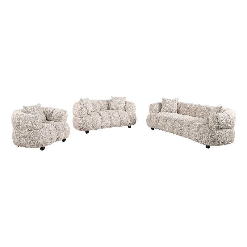 Pemberly Row 3-Piece Channel Tufted Woven Fabric Sofa Set in Pebble