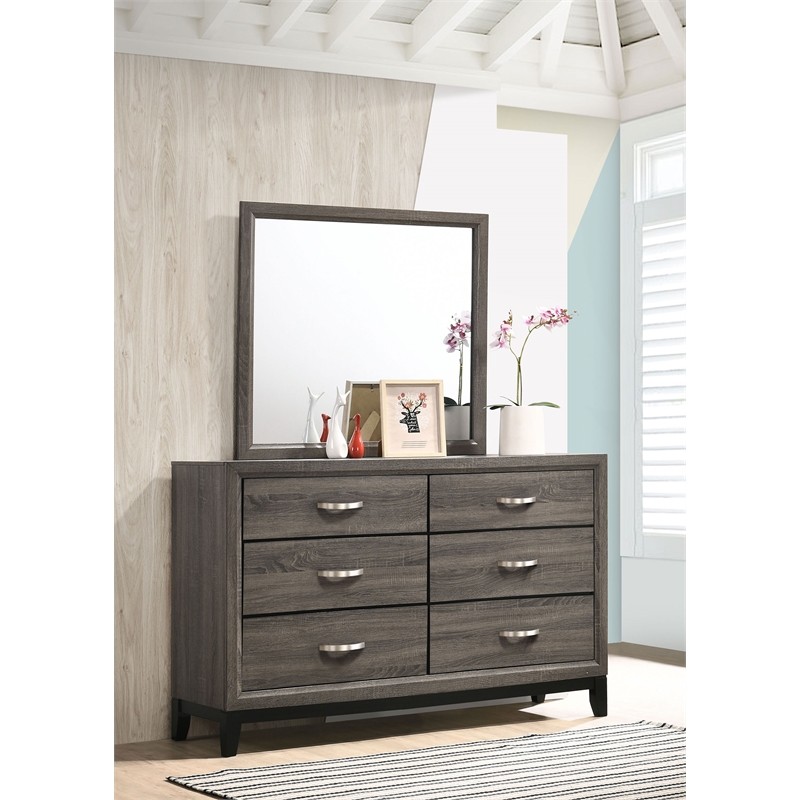 Pemberly Row 6-Drawer Transitional Wood Dresser and Mirror in Gray Oak