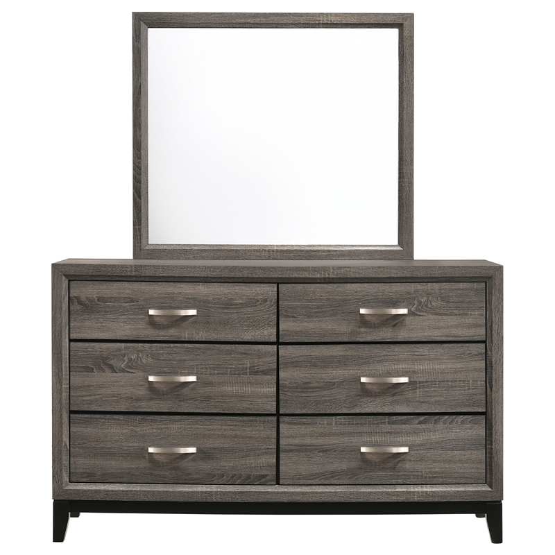 Pemberly Row 6-Drawer Transitional Wood Dresser and Mirror in Gray Oak