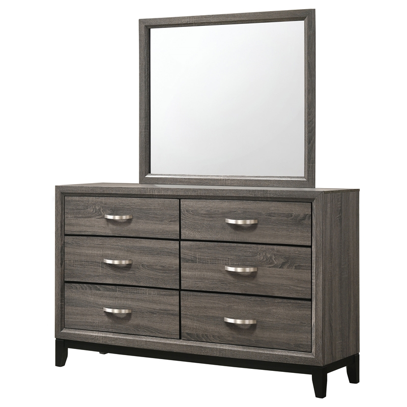 Pemberly Row 6-Drawer Transitional Wood Dresser and Mirror in Gray Oak
