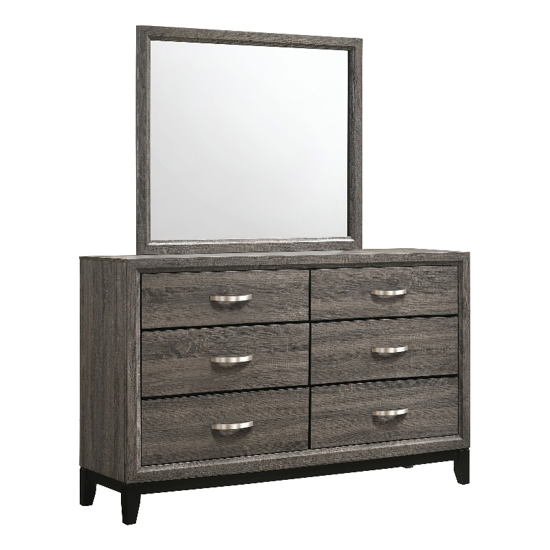 Pemberly Row 6-Drawer Transitional Wood Dresser and Mirror in Gray Oak