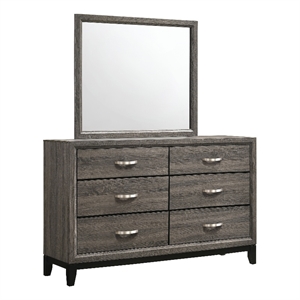 Pemberly Row 6-Drawer Transitional Wood Dresser and Mirror in Gray Oak