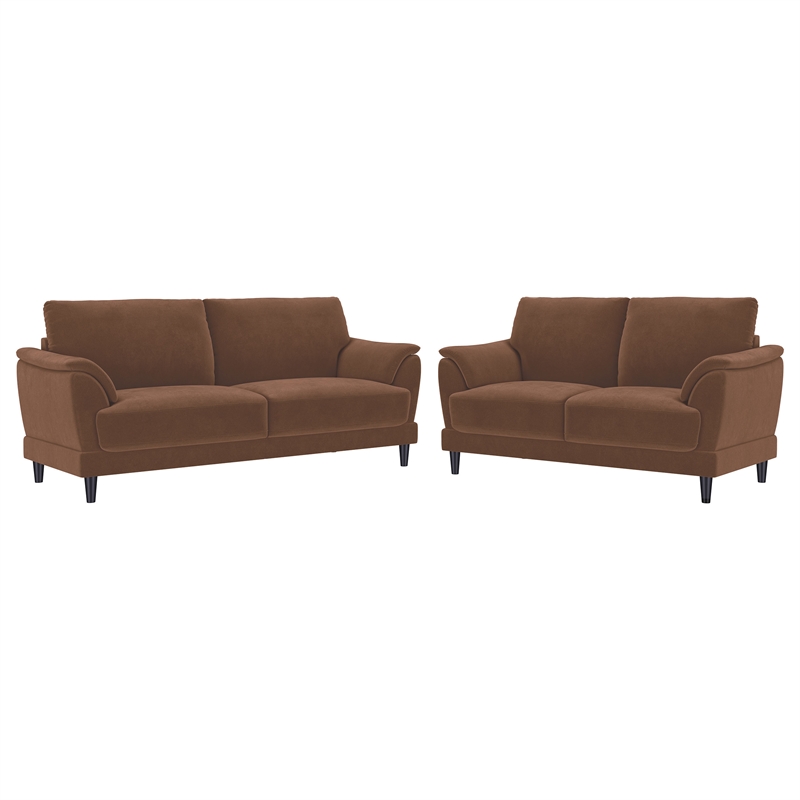 Pemberly Row 2-Piece Velvet Upholstered Crescent Arm Sofa Set in Rust