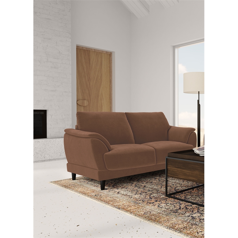 Pemberly Row Velvet Upholstered Crescent Arm Loveseat in Rust