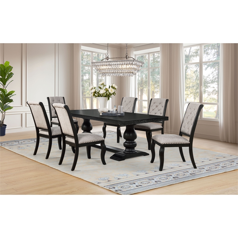 Pemberly Row 7-Piece Fabric Dining Table Set in Tan/Distressed Noir
