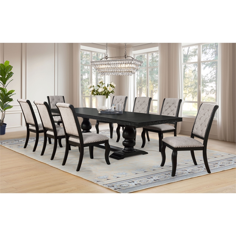 Pemberly Row 9-Piece Fabric Dining Table Set in Tan/Distressed Noir