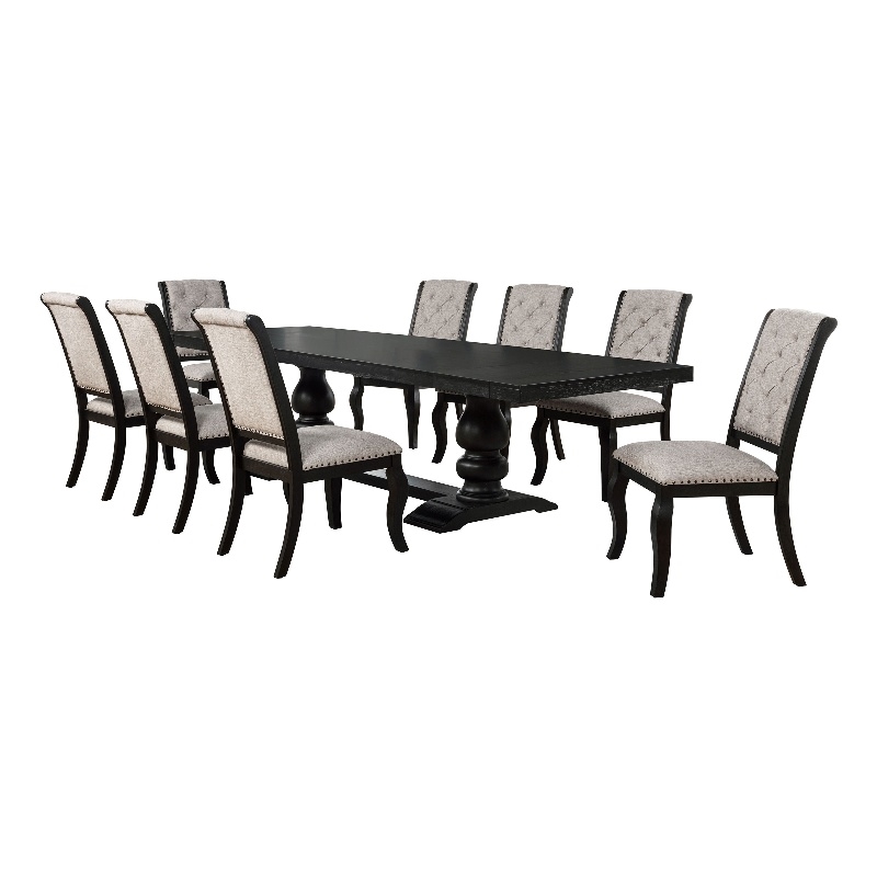 Pemberly Row 9-Piece Fabric Dining Table Set in Tan/Distressed Noir