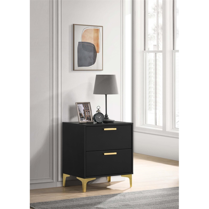 Pemberly Row 2-drawer Nightstand with Gold Bracket Legs in Black