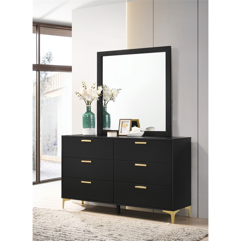 Pemberly Row 6-drawer Dresser with Mirror and Gold Bracket Legs in Black
