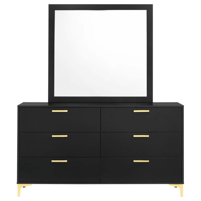 Pemberly Row 6-drawer Dresser with Mirror and Gold Bracket Legs in Black