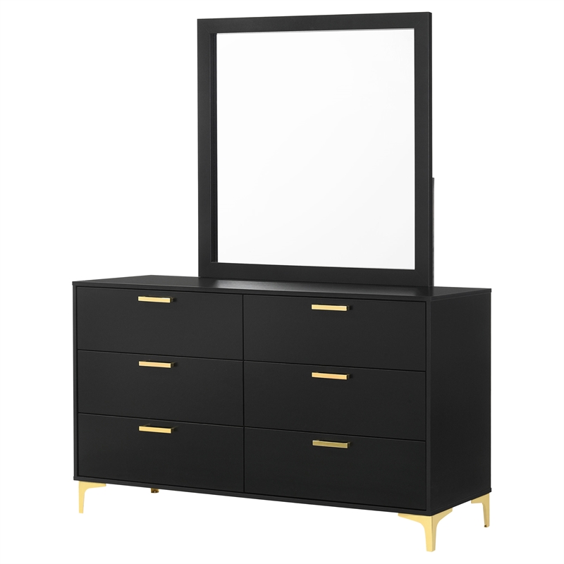 Pemberly Row 6-drawer Dresser with Mirror and Gold Bracket Legs in Black