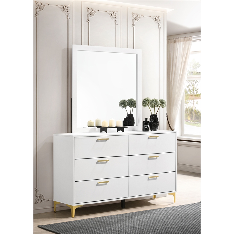 Pemberly Row 6-drawer Dresser with Mirror and Gold Bracket Legs in White