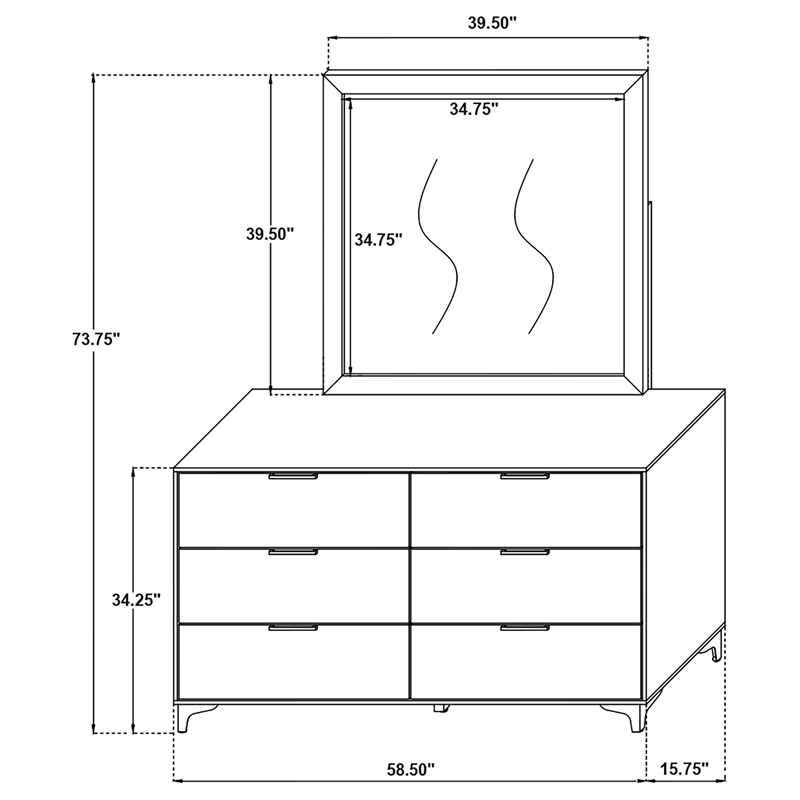 Pemberly Row 6-drawer Dresser with Mirror and Gold Bracket Legs in White