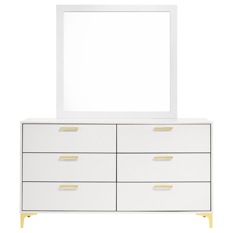 Pemberly Row 6-drawer Dresser with Mirror and Gold Bracket Legs in White