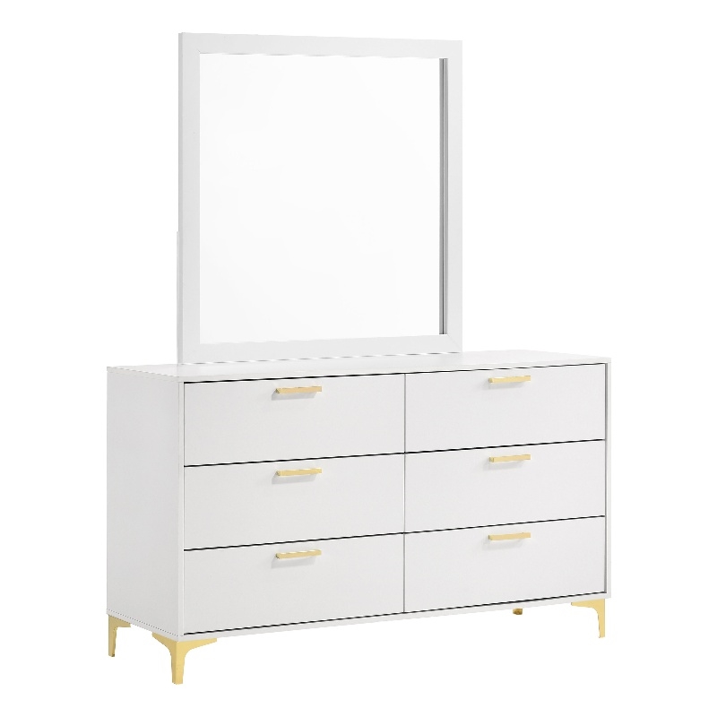 Pemberly Row 6-drawer Dresser with Mirror and Gold Bracket Legs in White