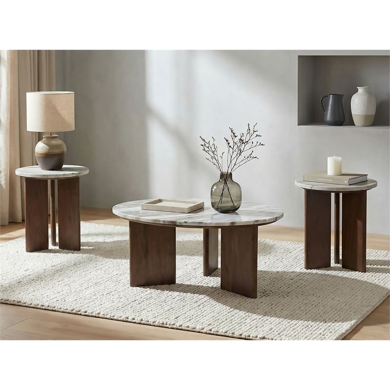 Pemberly Row 3-Piece Round Marble Top Coffee Table Set in Brown