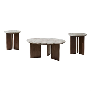 Pemberly Row 3-Piece Round Marble Top Coffee Table Set in Brown