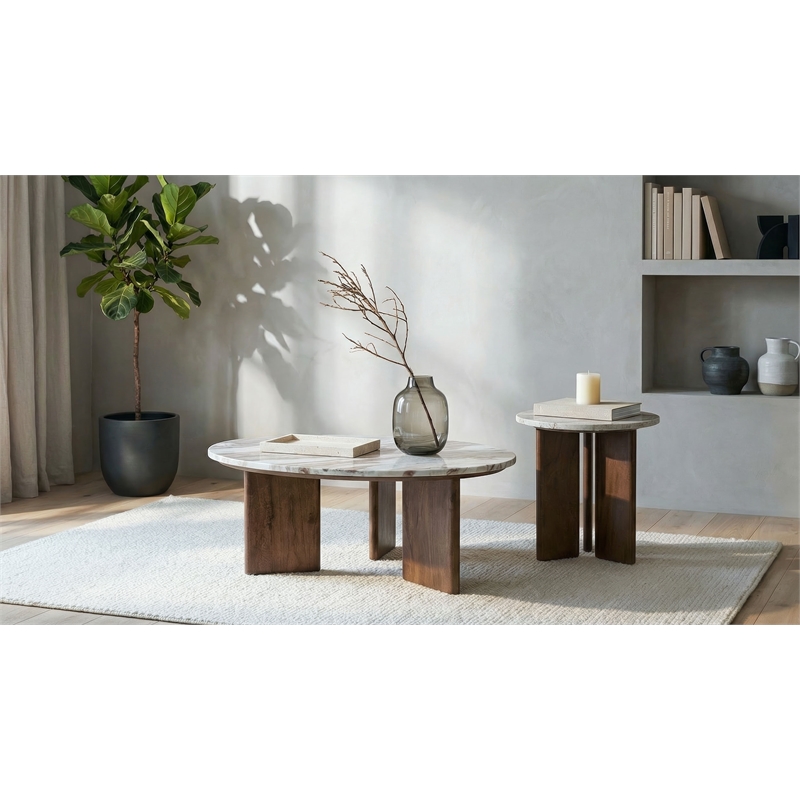 Pemberly Row 2-Piece Round Marble Top Coffee Table Set in Brown