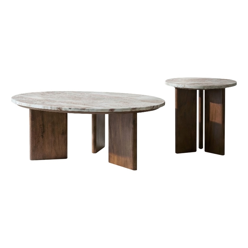 Pemberly Row 2-Piece Round Marble Top Coffee Table Set in Brown