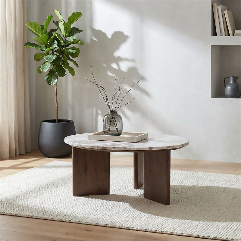 Pemberly Row Transitional Round Marble Top Cocktail Coffee Table in Brown