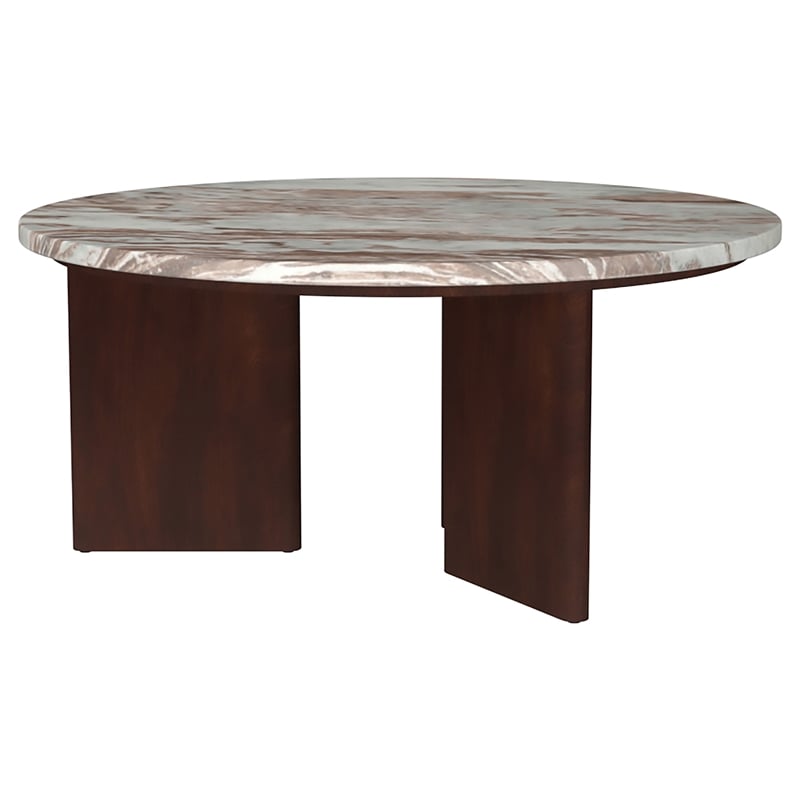 Pemberly Row Transitional Round Marble Top Cocktail Coffee Table in Brown