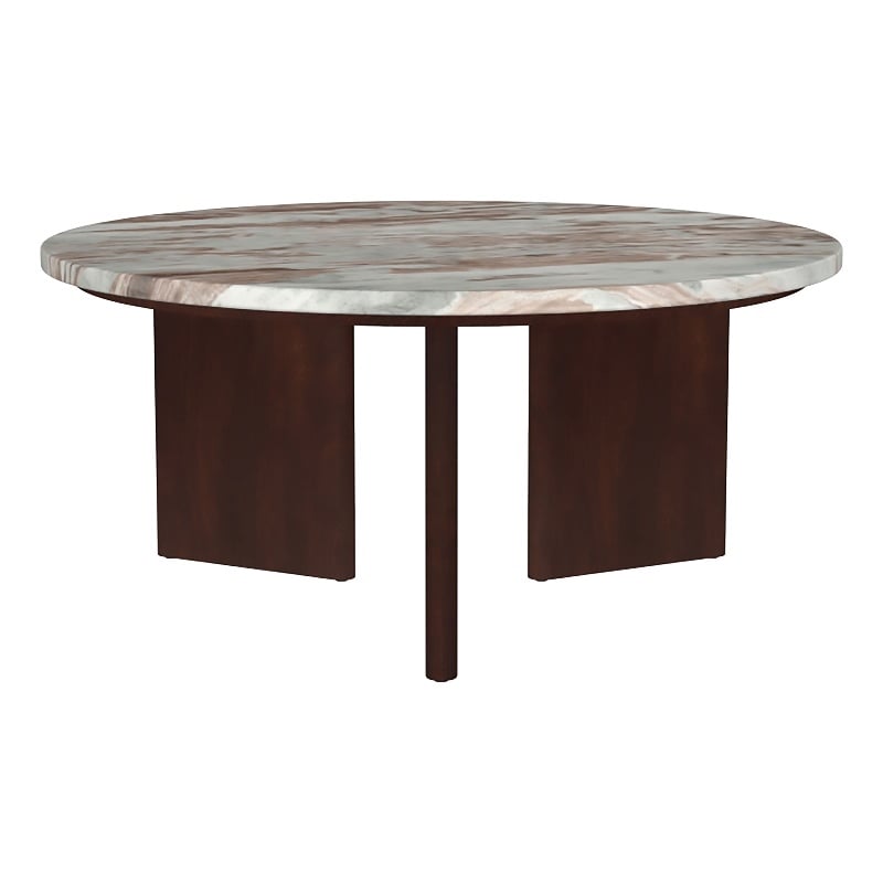 Pemberly Row Transitional Round Marble Top Cocktail Coffee Table in Brown
