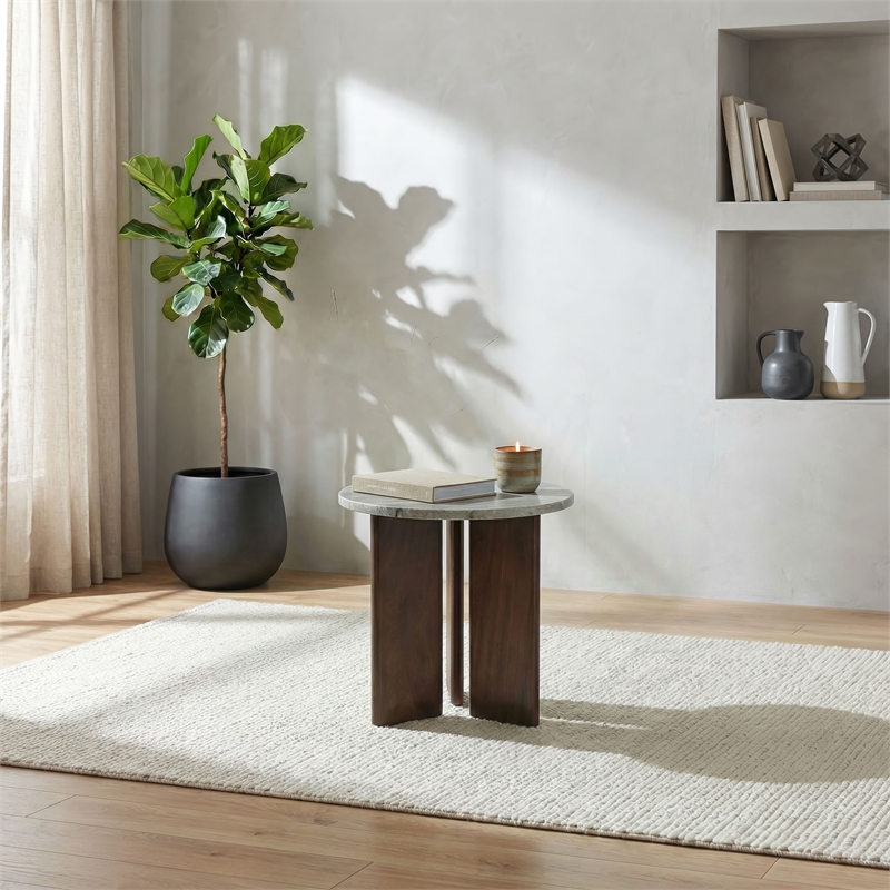 Pemberly Row Transitional Round Marble Top Side End Table in Brown