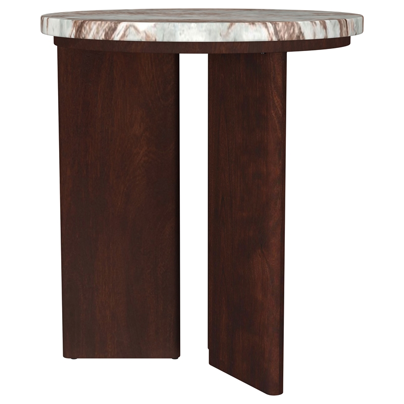 Pemberly Row Transitional Round Marble Top Side End Table in Brown