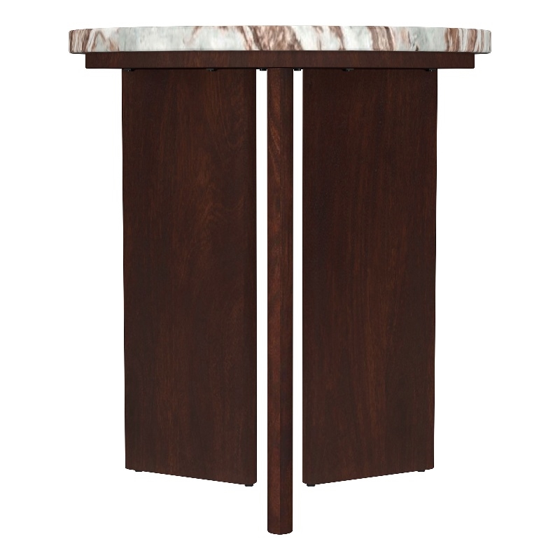 Pemberly Row Transitional Round Marble Top Side End Table in Brown