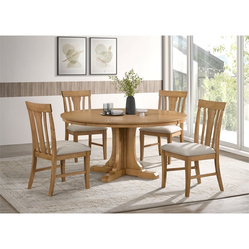 Pemberly Row 5-Piece Round Wood Dining Table Set in Natural Light Brown