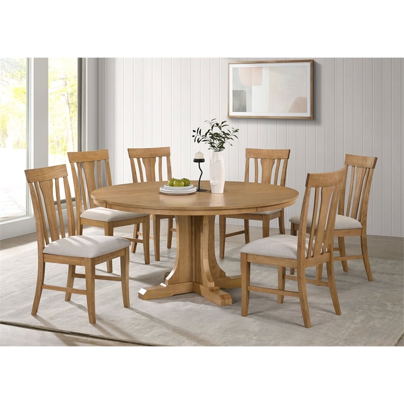 Pemberly Row 7-Piece Round Wood Dining Table Set in Natural Light Brown