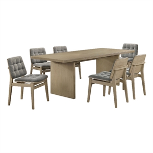 Pemberly Row 7-Piece 82&quot Velvet and Wood Dining Set in Gray/Natural Oak