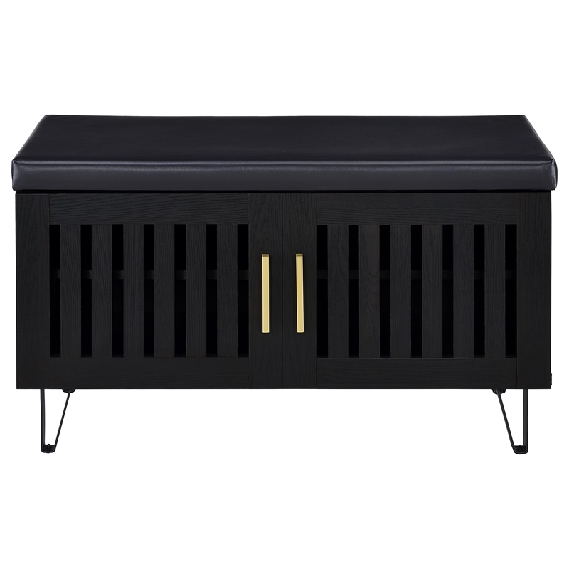 Pemberly Row 2-Door Padded Entryway Shoe Storage Bench in Black