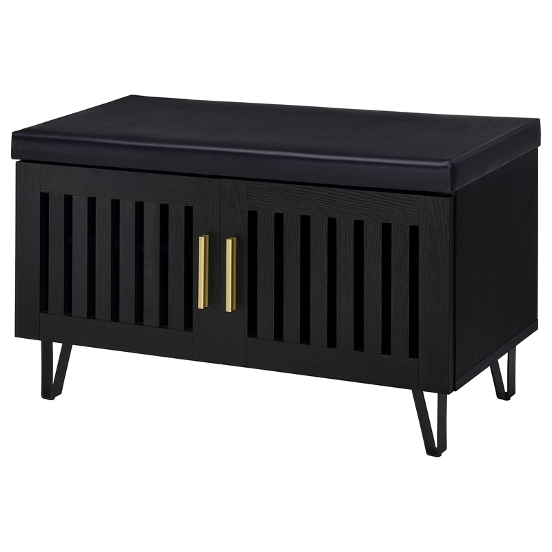 Pemberly Row 2-Door Padded Entryway Shoe Storage Bench in Black