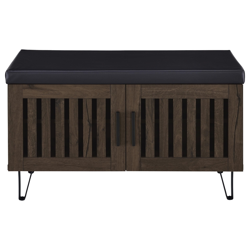 Pemberly Row 2-Door Padded Entryway Shoe Storage Bench in Smoked Oak